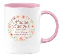 quotedazur - MugMamie d'amour en service : bisous illimités, câlins à volonté - Tasse Cadeau Mamie Femme - Rose/Céramique