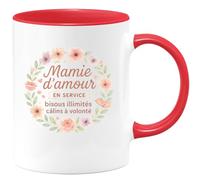 quotedazur - MugMamie d'amour en service : bisous illimités, câlins à volonté - Tasse Cadeau Mamie Femme - Rouge/Céramique