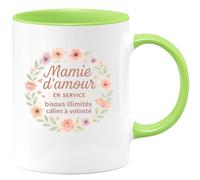 quotedazur - MugMamie d'amour en service : bisous illimités, câlins à volonté - Tasse Cadeau Mamie Femme - Vert/Céramique