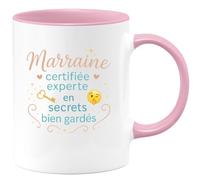 quotedazur - MugMarraine certifiée experte en secrets bien gardés - Tasse Cadeau Marraine Femme - Rose/Céramique