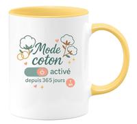 quotedazur - MugMode coton activé depuis 365 jours - Tasse Cadeau Noces de coton Femme - Jaune/Céramique
