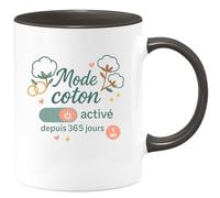quotedazur - MugMode coton activé depuis 365 jours - Tasse Cadeau Noces de coton Femme - Noir/Céramique