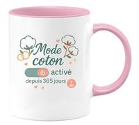 quotedazur - MugMode coton activé depuis 365 jours - Tasse Cadeau Noces de coton Femme - Rose/Céramique