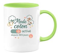 quotedazur - MugMode coton activé depuis 365 jours - Tasse Cadeau Noces de coton Femme - Vert/Céramique