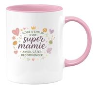 quotedazur - MugMode d'emploi d'une super mamie : aimer, gâter, recommencer - Tasse Cadeau Mamie Femme - Rose/Céramique