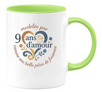 quotedazur - Mugmodelée par 9 ans d'amour comme une belle pièce de faïence - Tasse Cadeau Noces de Faïence Femme - Vert/Céramique