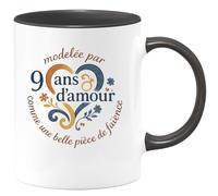 quotedazur - Mugmodelée par 9 ans d'amour comme une belle pièce de faïence - Tasse Cadeau Noces de Faïence Femme - Noir/Céramique