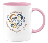 quotedazur - Mugmodelée par 9 ans d'amour comme une belle pièce de faïence - Tasse Cadeau Noces de Faïence Femme - Rose/Céramique