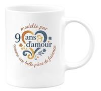 quotedazur - Mugmodelée par 9 ans d'amour comme une belle pièce de faïence - Tasse Cadeau Noces de Faïence Femme - Blanc/Céramique