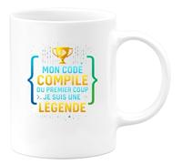 quotedazur - MugMon code compile du premier coup, je suis une légende - Tasse Cadeau Développeur informatique Homme - Blanc/Céramique