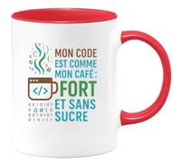 quotedazur - MugMon code est comme mon café : fort et sans sucre - Tasse Cadeau Développeur informatique Homme - Rouge/Céramique