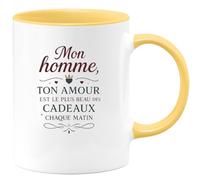 quotedazur - MugMon homme, ton amour est le plus beau des cadeaux chaque matin - Tasse Cadeau Amour, Saint-Valentin, Couple Homme - Jaune/Céramique