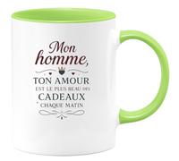 quotedazur - MugMon homme, ton amour est le plus beau des cadeaux chaque matin - Tasse Cadeau Amour, Saint-Valentin, Couple Homme - Vert/Céramique