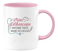 quotedazur - MugMon stéthoscope entend tout, même tes excuses - Tasse Cadeau Infirmière Femme - Rose/Céramique