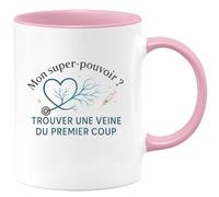 quotedazur - MugMon super-pouvoir ? Trouver une veine du premier coup - Tasse Cadeau Infirmière Femme - Rose/Céramique