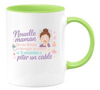 quotedazur - MugNouvelle maman : j'ai mis 9 mois à fabriquer un enfant et 2 secondes à péter un câble - Tasse Cadeau Humour Femme - Vert/Céramique