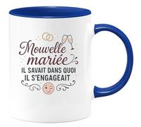 quotedazur - MugNouvelle mariée : il savait dans quoi il s'engageait - Tasse Cadeau Humour Mariage Femme - Bleu/Céramique