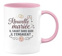 quotedazur - MugNouvelle mariée : il savait dans quoi il s'engageait - Tasse Cadeau Humour Mariage Femme - Rose/Céramique