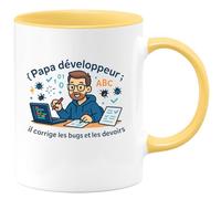 quotedazur - MugPapa développeur : il corrige les bugs et les devoirs - Tasse Cadeau Développeur informatique Homme - Jaune/Céramique