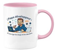 quotedazur - MugPapa développeur : il corrige les bugs et les devoirs - Tasse Cadeau Développeur informatique Homme - Rose/Céramique