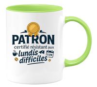 quotedazur - MugPatron certifié résistant aux lundis difficiles - Tasse Cadeau Patron Homme - Vert/Céramique
