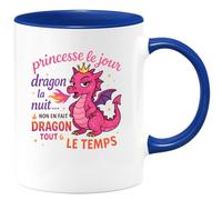 quotedazur - Mugprincesse le jour, dragon la nuit... non en fait dragon tout le temps - Tasse Cadeau Humour Femme - Bleu/Céramique