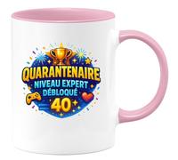 quotedazur - MugQuarantenaire niveau expert débloqué - Tasse Cadeau 40 ans Homme - Rose/Céramique