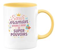 quotedazur - MugSœur et maman : double dose de super pouvoirs - Tasse Cadeau Soeur Femme - Jaune/Céramique