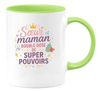quotedazur - MugSœur et maman : double dose de super pouvoirs - Tasse Cadeau Soeur Femme - Vert/Céramique