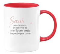 quotedazur - MugSœur : nom féminin, synonyme de meilleure amie imposée par la vie - Tasse Cadeau Soeur Femme - Rouge/Céramique
