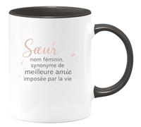quotedazur - MugSœur : nom féminin, synonyme de meilleure amie imposée par la vie - Tasse Cadeau Soeur Femme - Noir/Céramique
