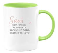 quotedazur - MugSœur : nom féminin, synonyme de meilleure amie imposée par la vie - Tasse Cadeau Soeur Femme - Vert/Céramique