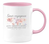 quotedazur - MugSœur voyageuse : partie explorer le monde, toujours dans mon cœur - Tasse Cadeau Soeur Femme - Rose/Céramique