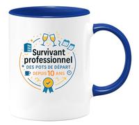 quotedazur - MugSurvivant professionnel des pots de départ depuis 10 ans - Tasse Cadeau Collègue Homme - Bleu/Céramique
