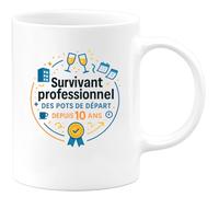 quotedazur - MugSurvivant professionnel des pots de départ depuis 10 ans - Tasse Cadeau Collègue Homme - Blanc/Céramique