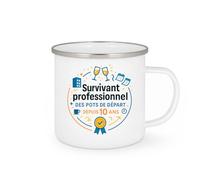quotedazur - MugSurvivant professionnel des pots de départ depuis 10 ans - Tasse Cadeau Collègue Homme - Blanc/Emaillé