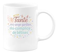 quotedazur - MugTante : mi-ange gardien, mi-complice de bêtises - Tasse Cadeau Tante Femme - Blanc/Céramique