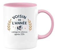 quotedazur - MugVoisin de l'année, catégorie silence après 22h - Tasse Cadeau Voisin Homme - Rose/Céramique