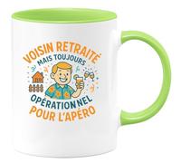 quotedazur - MugVoisin retraité mais toujours opérationnel pour l'apéro - Tasse Cadeau Voisin Homme - Vert/Céramique