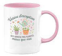 quotedazur - MugVoisine d'exception qui arrose mes plantes mieux que moi - Tasse Cadeau Voisine Femme - Rose/Céramique