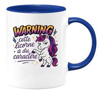 quotedazur - MugWarning : cette licorne a du caractère - Tasse Cadeau Licorne Humour Femme - Bleu/Céramique