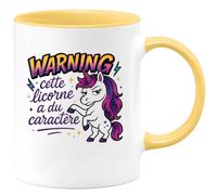 quotedazur - MugWarning : cette licorne a du caractère - Tasse Cadeau Licorne Humour Femme - Jaune/Céramique