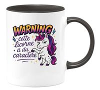 quotedazur - MugWarning : cette licorne a du caractère - Tasse Cadeau Licorne Humour Femme - Noir/Céramique