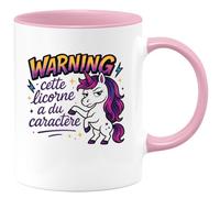 quotedazur - MugWarning : cette licorne a du caractère - Tasse Cadeau Licorne Humour Femme - Rose/Céramique