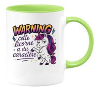 quotedazur - MugWarning : cette licorne a du caractère - Tasse Cadeau Licorne Humour Femme - Vert/Céramique