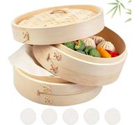 QUOTRE Panier Vapeur 20cm Fait à Main en Bambou, Cuiseur Naturel Bambou, Panier à 2 Niveaux avec 5 Feuilles de Papier à Vapeur, pour Les Raviolis et Légumes
