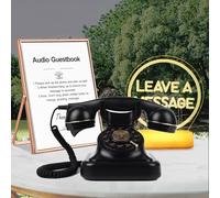 QUOXO Téléphone à Livre d'or Audio, téléphone à Livre d'or Audio Antique de Style rétro avec Panneau de Mariage LED Gratuit et Cadre Photo Vertical A5 (Noir)