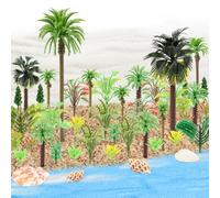 QUOZUO Lot de 50 mini palmiers miniatures, plage, paysage de ville côtière, cocotier, forêt tropicale avec sable et coquillages, architecture faux arbres pour bricolage, modélisme, paysage