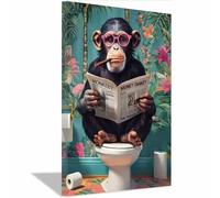 QUSAAOU DéCoration Murale BohèMe Chimpanzé lisant journal sur toilette drôle Peinture Art DéCo Sur Le ThèMe Animalier Pour Chambre Salon Couloir DéCoration Murale(Vert)-70x100cm1 Encadrée