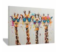 QUSAAOU DéCoration Murale BohèMe Quatre girafes avec lunettes soleil Peinture Art DéCo Sur Le ThèMe Animalier Pour Chambre Salon Couloir DéCoration Murale(Orange)-20x30cm1 Encadrée